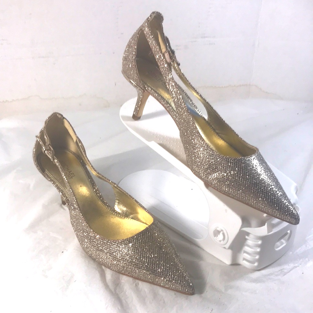 Michael Kors Elegant Sparkly Metallic Gold Women's Adjustable Kitten Heel Pumps